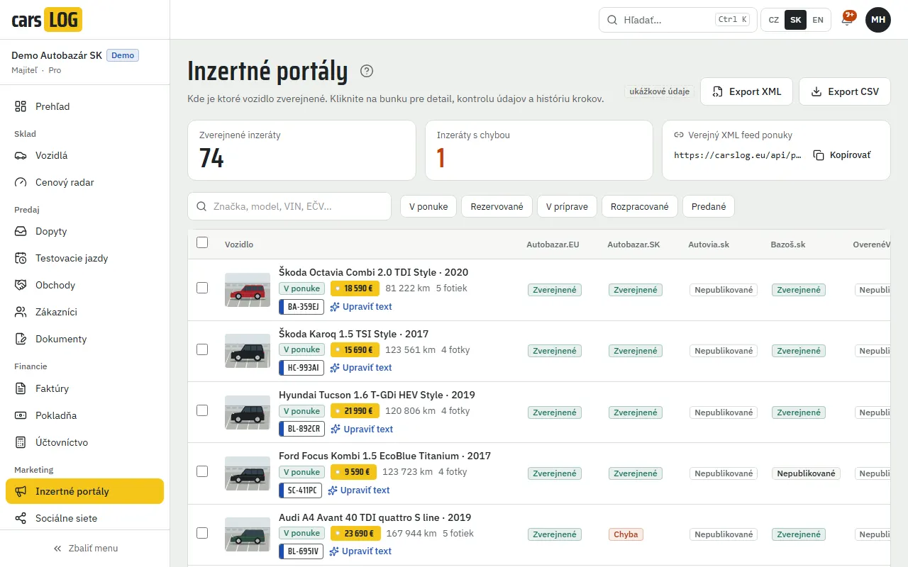 Car advert in carsLOG ready for export to portals